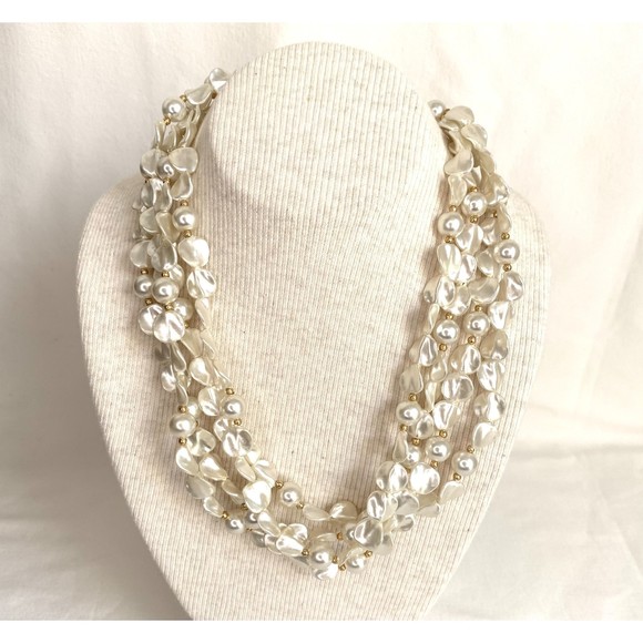 Four Stranded Matinee Necklace Mother Of Pearl Chip And Faux Pearl Beads - Picture 1 of 6